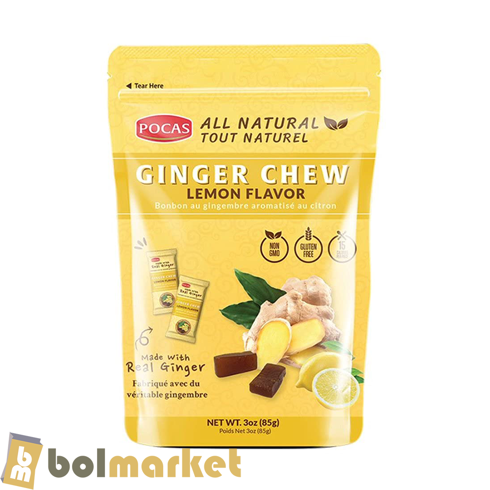 Pocas - Caramelo de Jengibre con sabor a Limón - Masticable - 3 oz (85g)