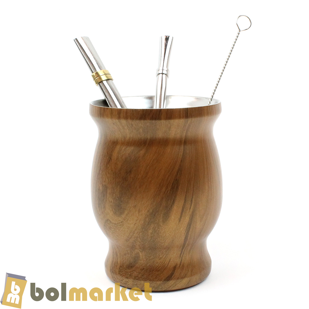 BM - Yerba Mate Cup Set - Double Walled Stainless Steel - 8 fl oz (236ml) - Color (Design) Wood