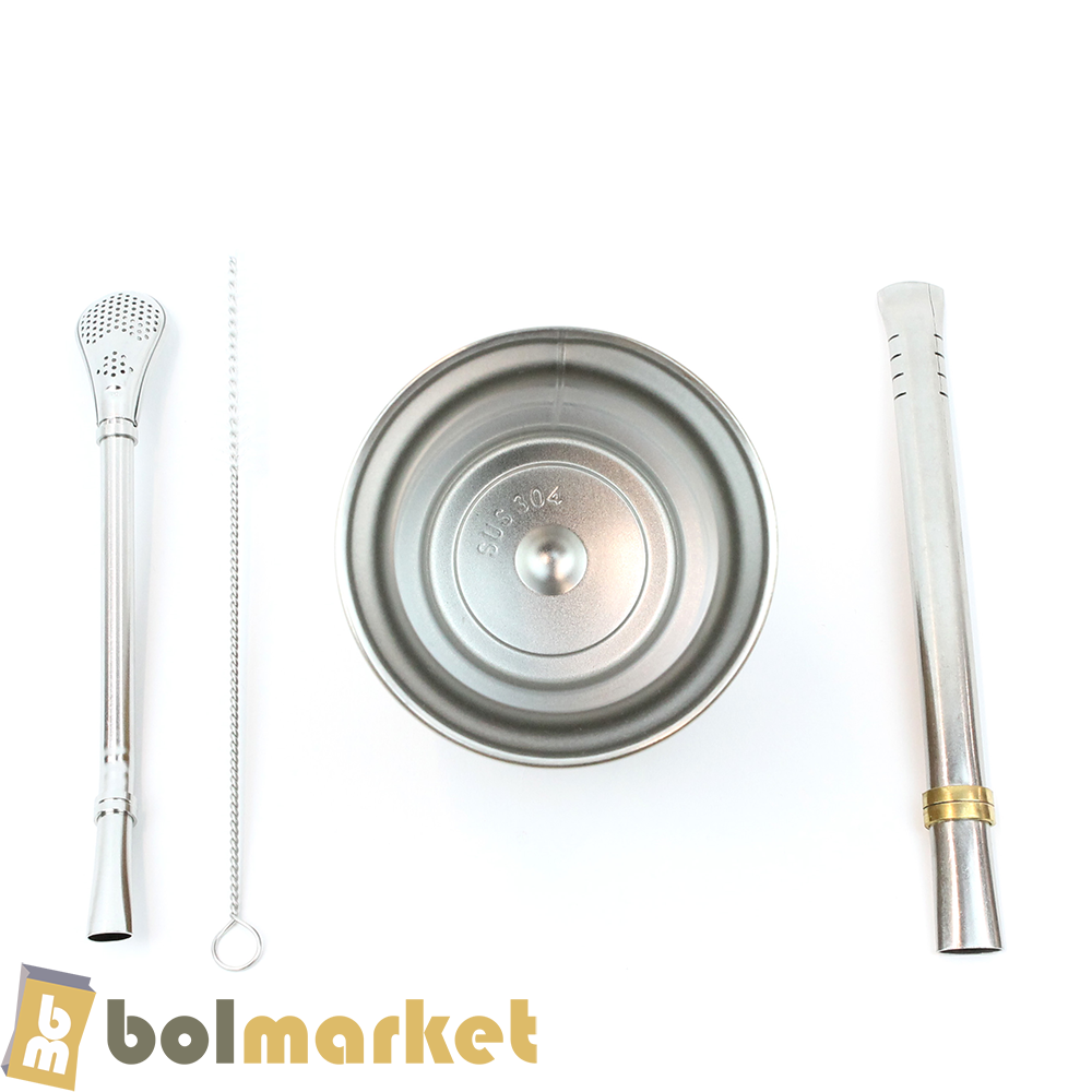 BM - Yerba Mate Cup Set - Double Walled Stainless Steel - 8 fl oz (236ml) - Color (Design) Wood