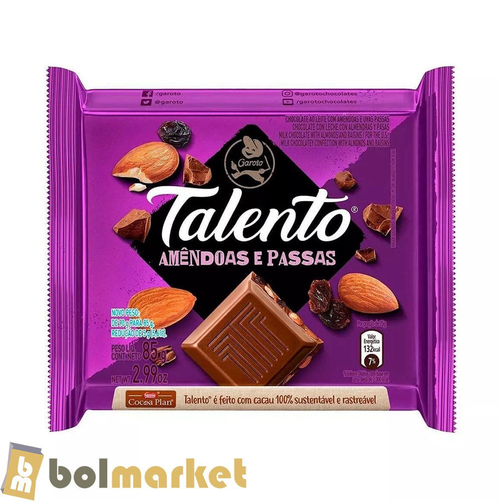 Garoto - Talento - Chocolate con Leche con Almendras y Pasas - 2.99 oz (85g)