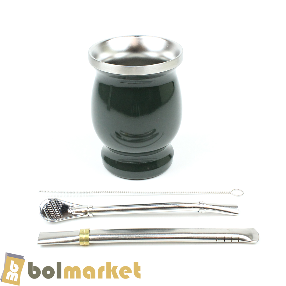 Balibetov - Mate Cup, Bombillas, and Brush Set - Double Wall Stainless Steel - 6.5 oz - Green Color