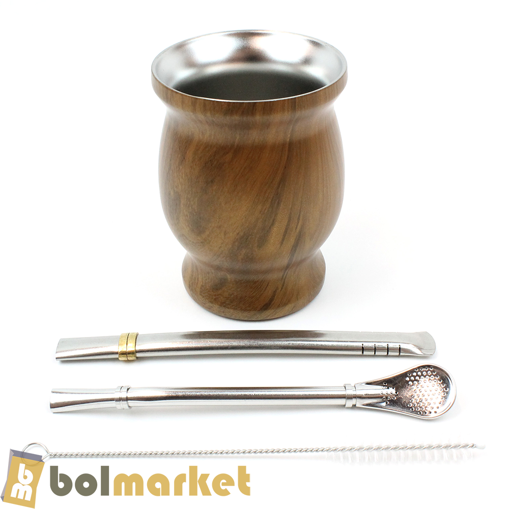 BM - Yerba Mate Cup Set - Double Walled Stainless Steel - 8 fl oz (236ml) - Color (Design) Wood